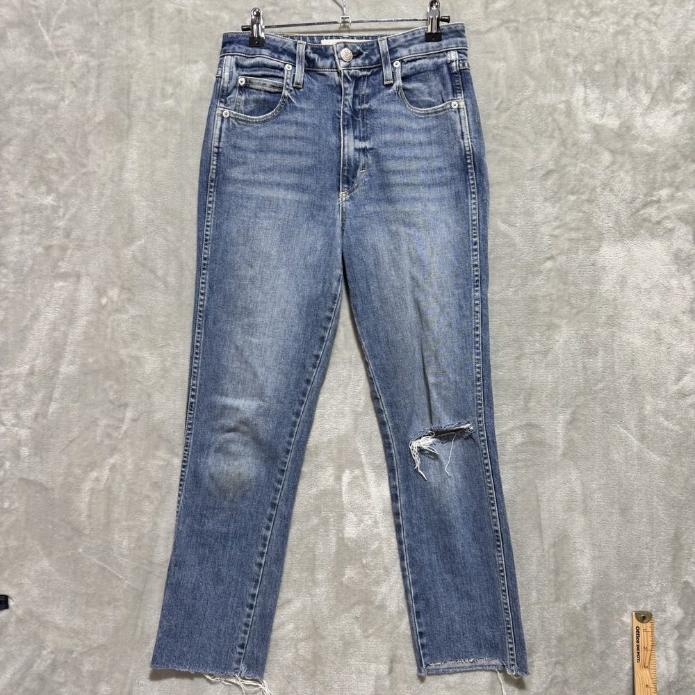 AMO Chloe Crop Kismet Straight Jeans Womens 26 Blue Denim Distressed Frayed Hem